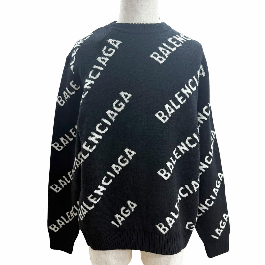 未使用品□BALENCIAGA バレンシアガ 21AW 648433 ロゴ総柄 クルーネック オールオーバーニット セーター ブラック M イタリア製 正規品