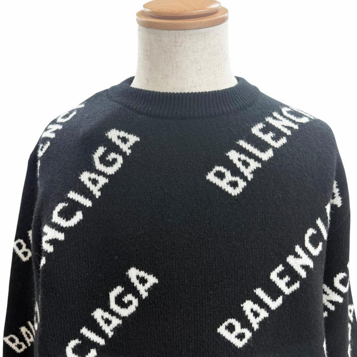 未使用品□BALENCIAGA バレンシアガ 21AW 648433 ロゴ総柄 クルーネック オールオーバーニット セーター ブラック M イタリア製 正規品