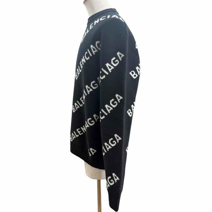 未使用品□BALENCIAGA バレンシアガ 21AW 648433 ロゴ総柄 クルーネック オールオーバーニット セーター ブラック M イタリア製 正規品