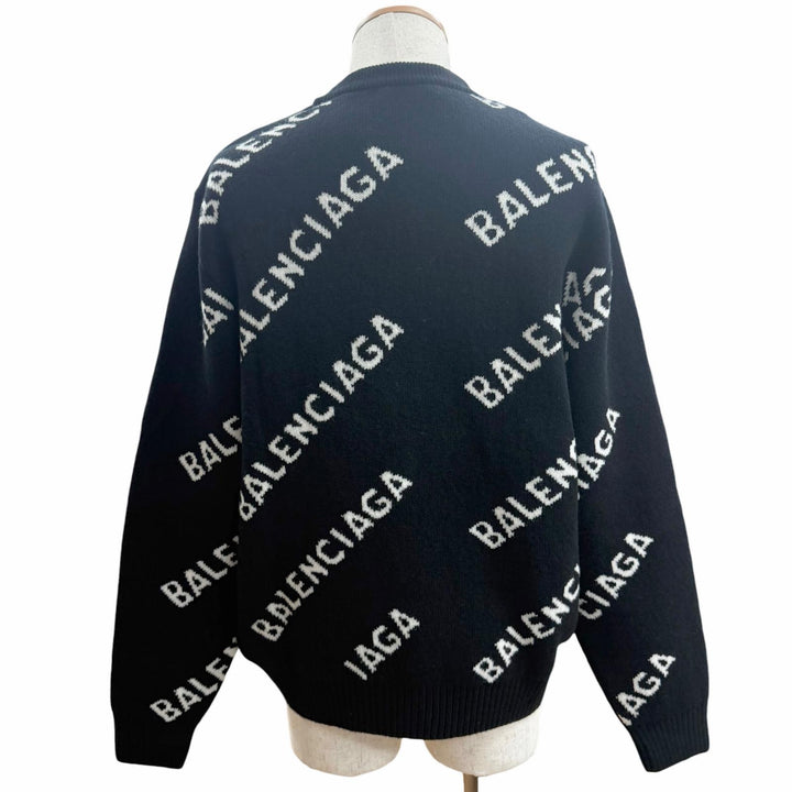 未使用品□BALENCIAGA バレンシアガ 21AW 648433 ロゴ総柄 クルーネック オールオーバーニット セーター ブラック M イタリア製 正規品