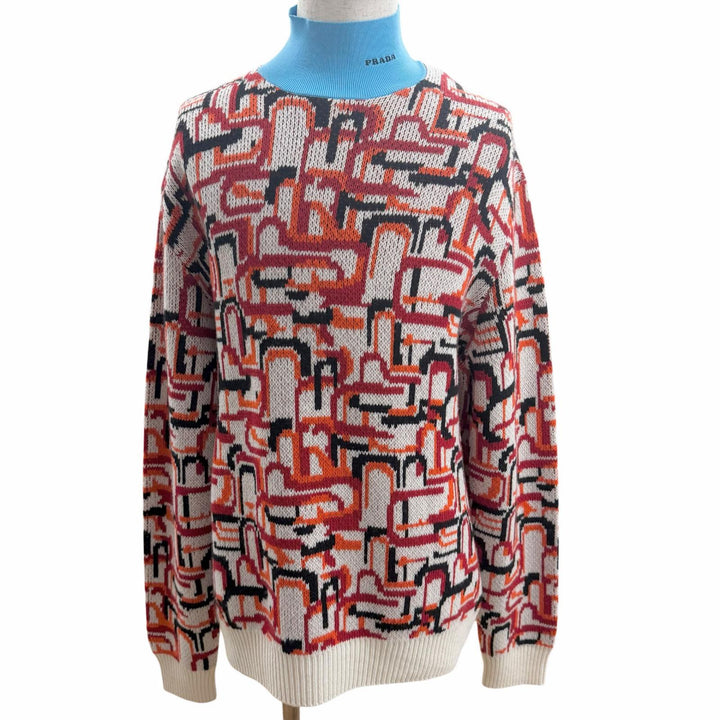 極美品□PRADA プラダ 22AW UMR536 バージンウール カシミヤ タートルネック 総柄 長袖ニット セーター レッド系 52 イタリア製 正規品
