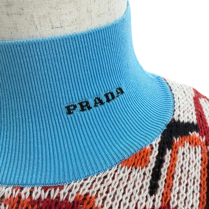極美品□PRADA プラダ 22AW UMR536 バージンウール カシミヤ タートルネック 総柄 長袖ニット セーター レッド系 52 イタリア製 正規品