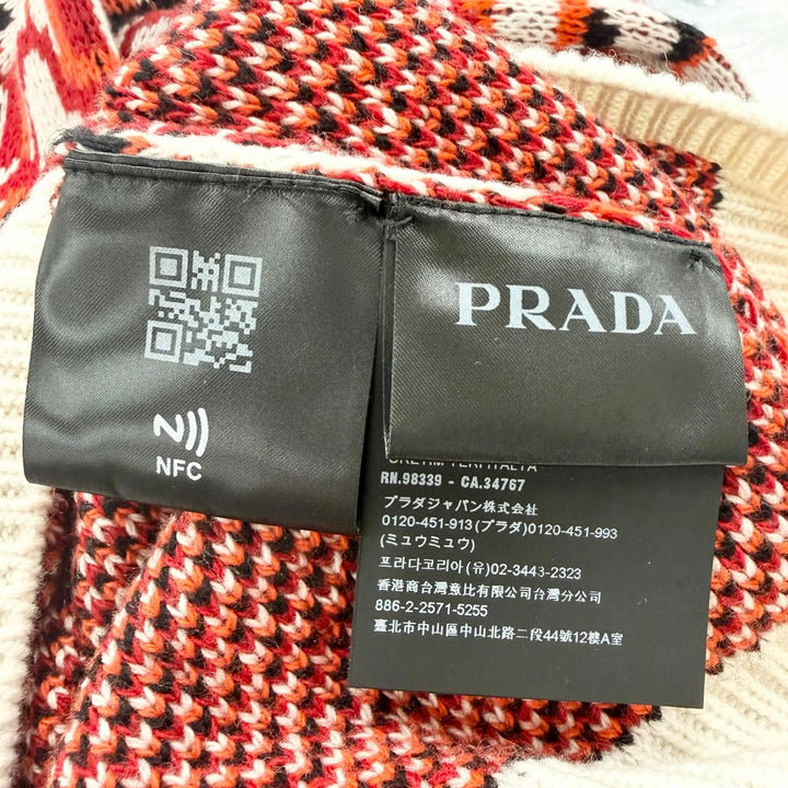 極美品□PRADA プラダ 22AW UMR536 バージンウール カシミヤ タートルネック 総柄 長袖ニット セーター レッド系 52 イタリア製 正規品