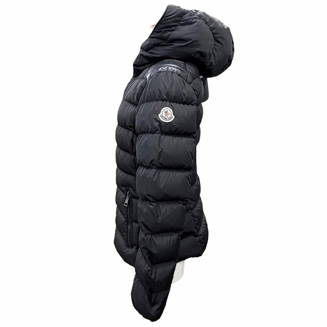 美品△MONCLER モンクレール TETRA テトラ ロゴワッペン フード付き レザー切替 ダウンジャケット ブラック 1 正規品 レディース