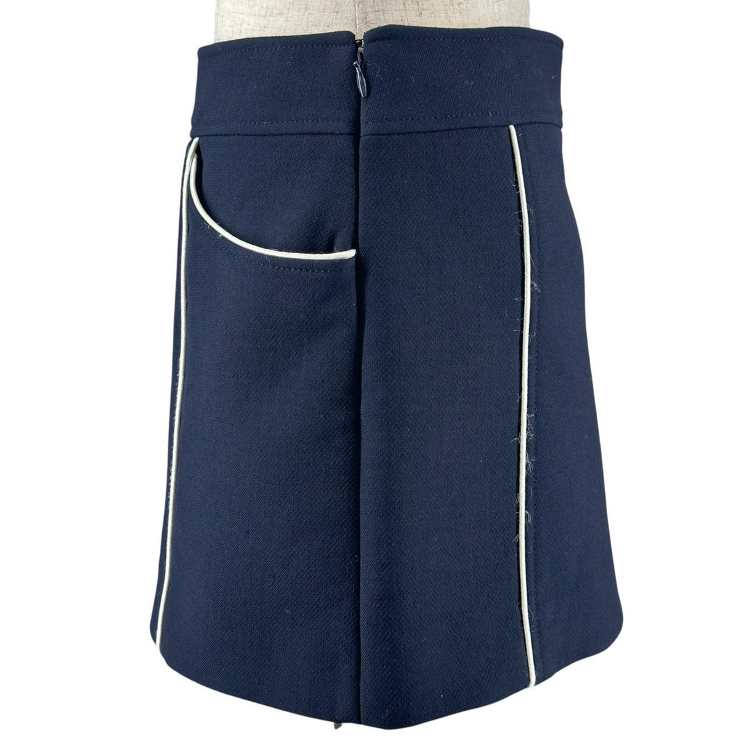 美品▲CELINE セリーヌ 2J765649Y ウール100％ パイピング トラペーズミニ スカート ネイビー ホワイト 34 イタリア製 正規品 レディース
