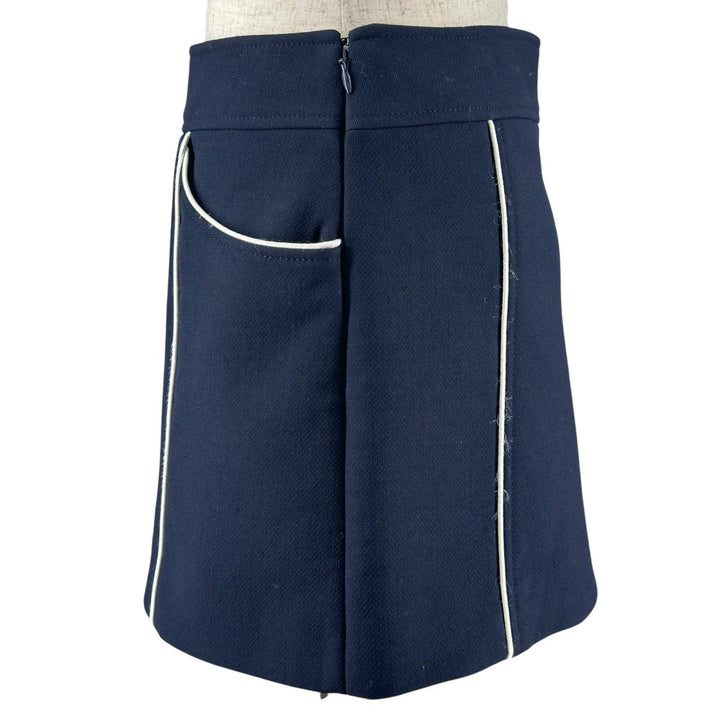 美品▲CELINE セリーヌ 2J765649Y ウール100％ パイピング トラペーズミニ スカート ネイビー ホワイト 34 イタリア製 正規品 レディース