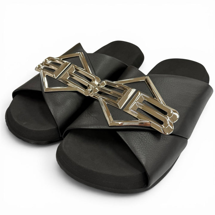 未使用品▼BALENCIAGA バレンシアガ 828478 SUNSET FLAT BB レザー サンセットフラットサンダル ブラック シルバー金具 42 箱・保存袋付