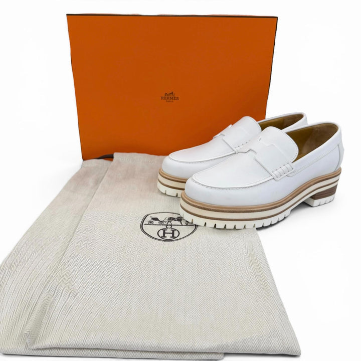 未使用品☆HERMES エルメス BR241141Z アイビー モカシン レザー ローファー ホワイト 36.5 イタリア製 レディース 箱・保存袋付き