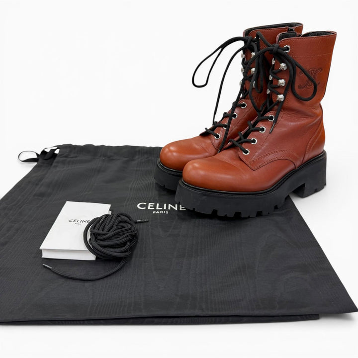 極美品☆CELINE セリーヌ BE0293 トリオンフ レンジャーズ ミッド レザー レースアップ ショートブーツ ブラウン 36 レディース 保存袋付