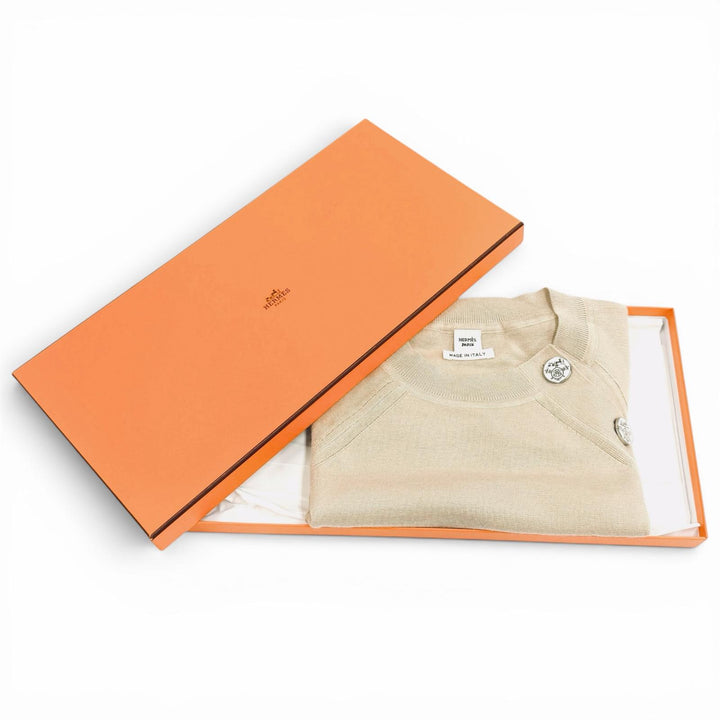 未使用品★HERMES エルメス 24AW 4H2689DA カシミヤ シルク混 エクスリブリス 半袖ニット ベージュ 38 イタリア製 正規品 箱付き