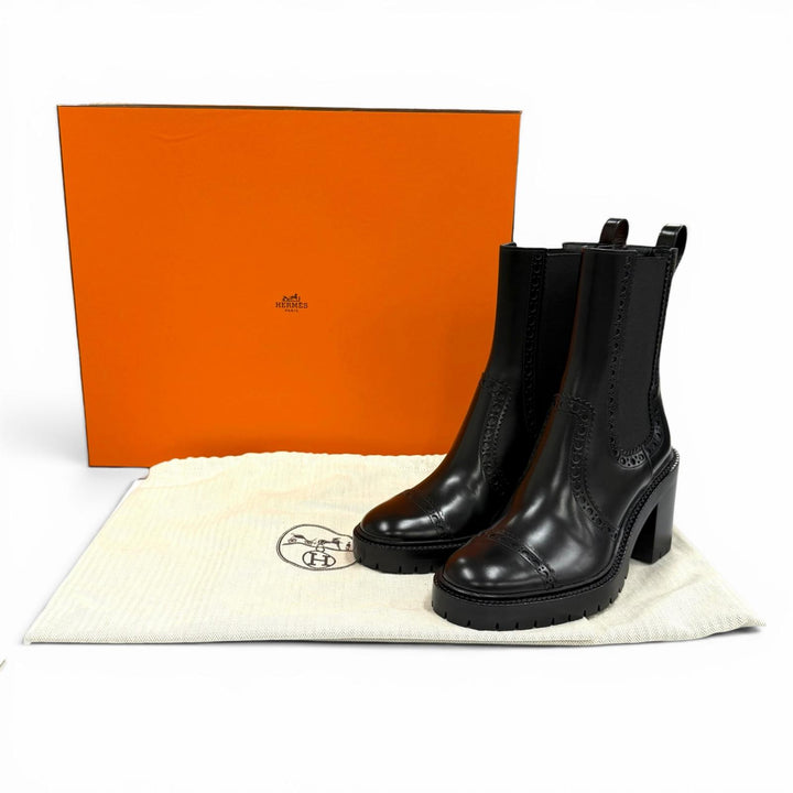 未使用品★HERMES エルメス リンゼイ 70 ストレートチップ サイドゴア チャンキーヒール レザー ショートブーツ ブラック 36 箱・袋付