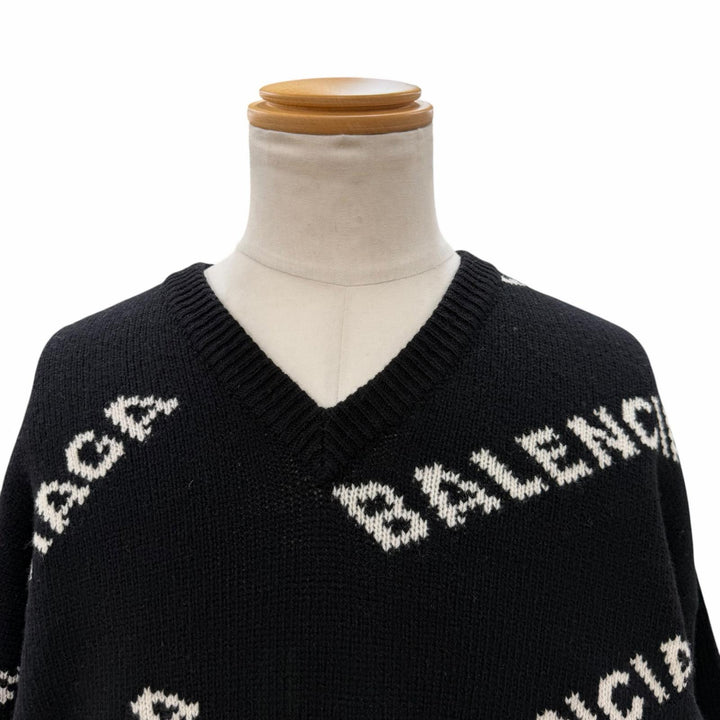 未使用品▼BALENCIAGA バレンシアガ 529061 キャメル ウール ロゴ柄 Vネック ジャガードニット セーター ブラック 38 伊製 正規品 メンズ