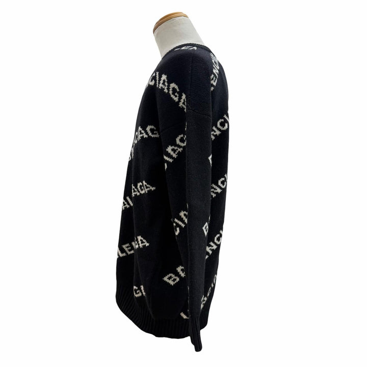 未使用品▼BALENCIAGA バレンシアガ 529061 キャメル ウール ロゴ柄 Vネック ジャガードニット セーター ブラック 38 伊製 正規品 メンズ
