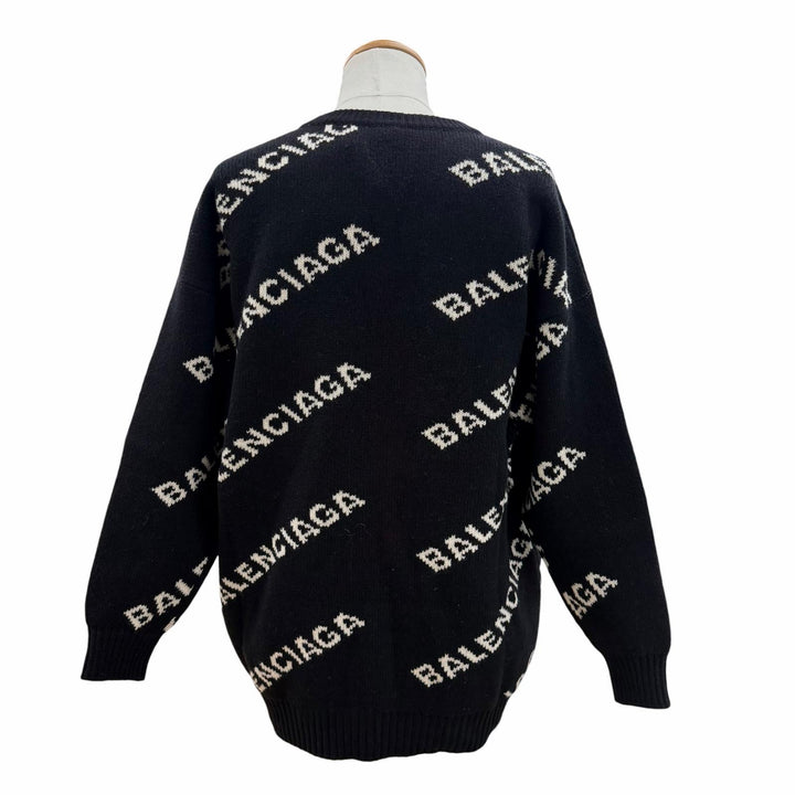 未使用品▼BALENCIAGA バレンシアガ 529061 キャメル ウール ロゴ柄 Vネック ジャガードニット セーター ブラック 38 伊製 正規品 メンズ
