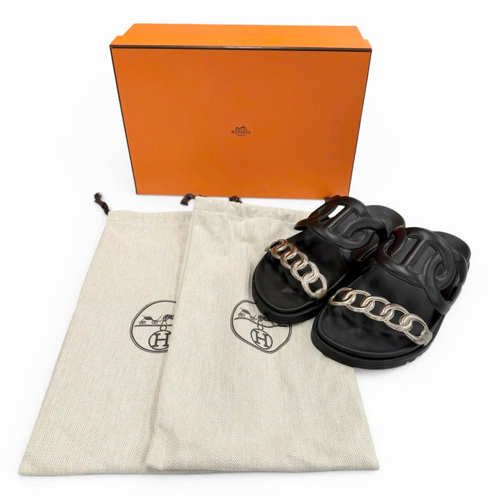 未使用品◇HERMES エルメス FR241017Z エクストラ シェーヌダンクル ラバー サンダル ブラック 35 イタリア製 レディース 箱・保存袋付き