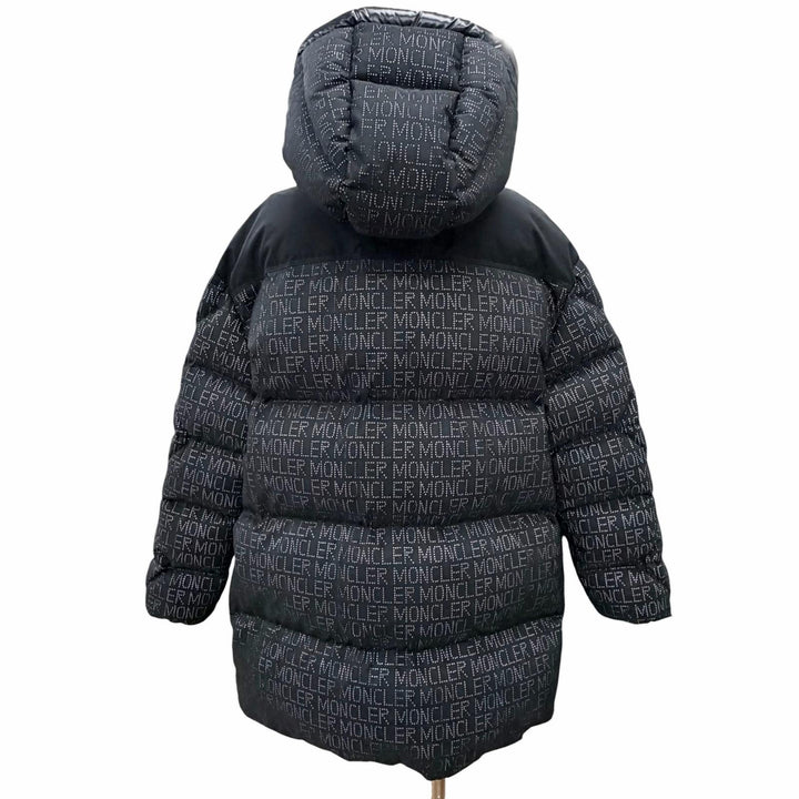 美品△MONCLER モンクレール 22-23AW GRANDVAL レタリングロゴ 総柄 ロゴワッペン フード付き ダウンジャケット ブラック 1 伊製 正規品