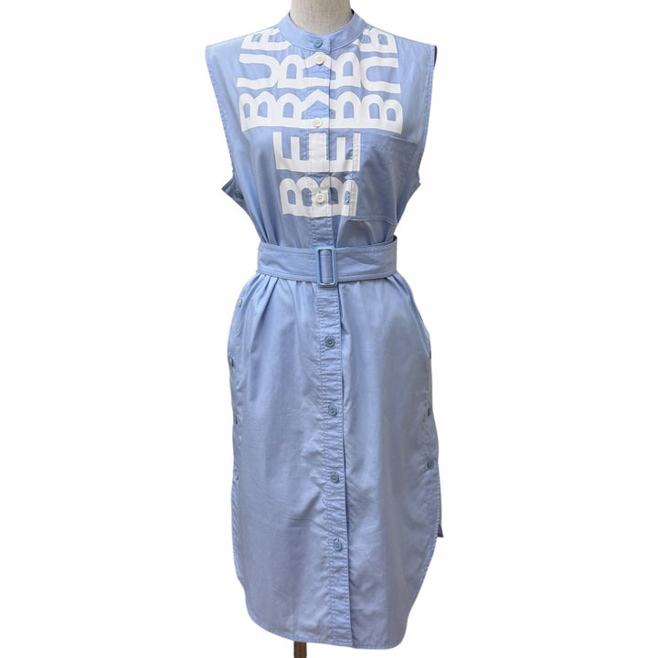 極美品★BURBERRY バーバリー 8052547 コットン100％ ベルト付 ロゴデザイン ノースリーブ ワンピース ライトブルー 38 正規品 レディース