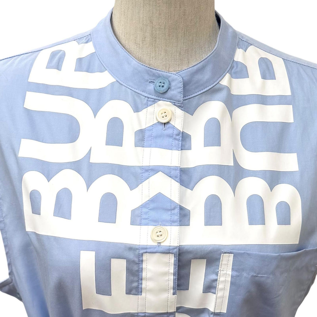 極美品★BURBERRY バーバリー 8052547 コットン100％ ベルト付 ロゴデザイン ノースリーブ ワンピース ライトブルー 38 正規品 レディース
