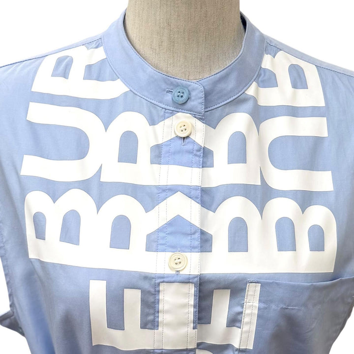 極美品★BURBERRY バーバリー 8052547 コットン100％ ベルト付 ロゴデザイン ノースリーブ ワンピース ライトブルー 38 正規品 レディース