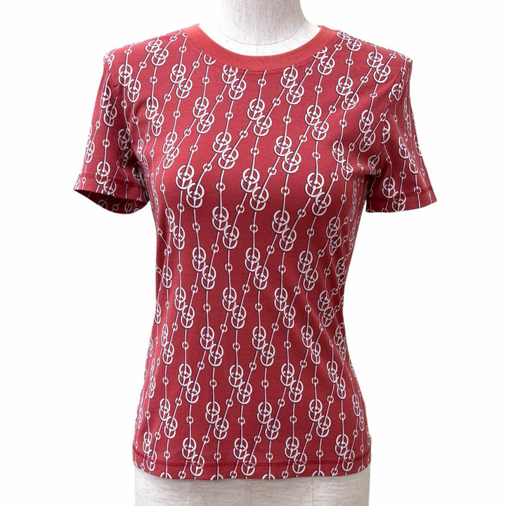 極美品★HERMES エルメス 22SS 2E4600DG コットン100% クリティケス 総柄 クルーネック 半袖Ｔシャツ レッド系 36 フランス製 正規品