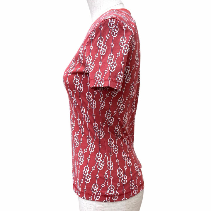 極美品★HERMES エルメス 22SS 2E4600DG コットン100% クリティケス 総柄 クルーネック 半袖Ｔシャツ レッド系 36 フランス製 正規品