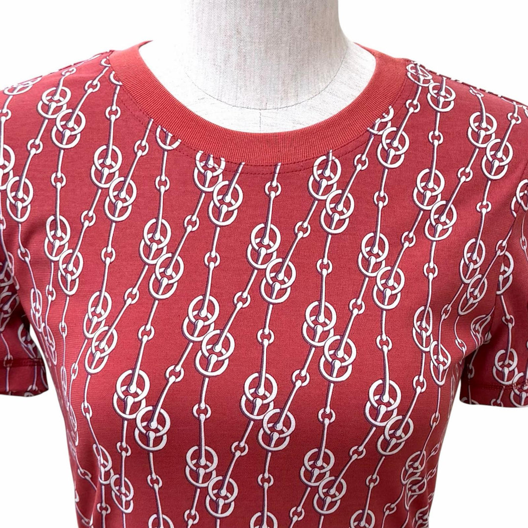 極美品★HERMES エルメス 22SS 2E4600DG コットン100% クリティケス 総柄 クルーネック 半袖Ｔシャツ レッド系 36 フランス製 正規品