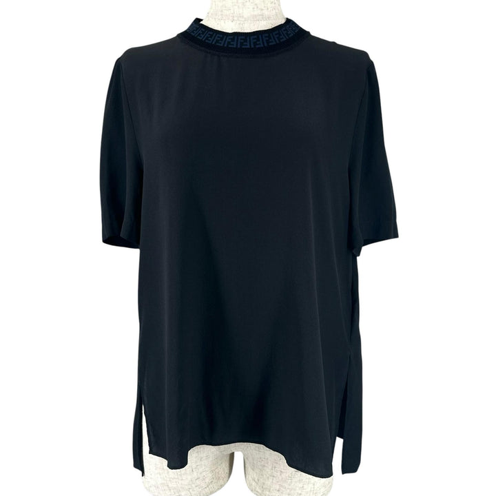極美品▲FENDI フェンディ FS7267 YB5 シルク100％ FFロゴ ズッカ柄 サイドスリット カットソー ブラック 38 正規品 レディース