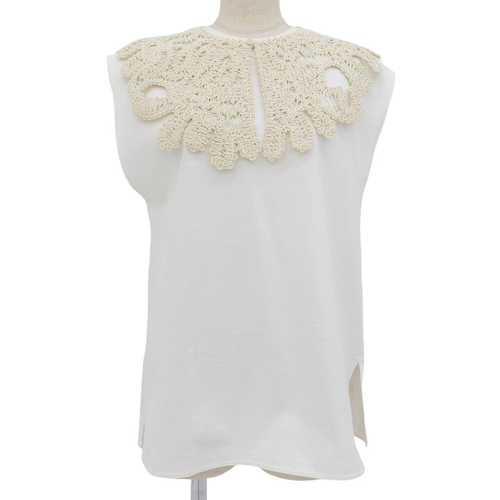 極美品▲JIL SANDER ジルサンダー JSWQ707311 コットン100％ マクラメ編みつけ襟付き トップス ホワイト S イタリア製 正規品 レディース