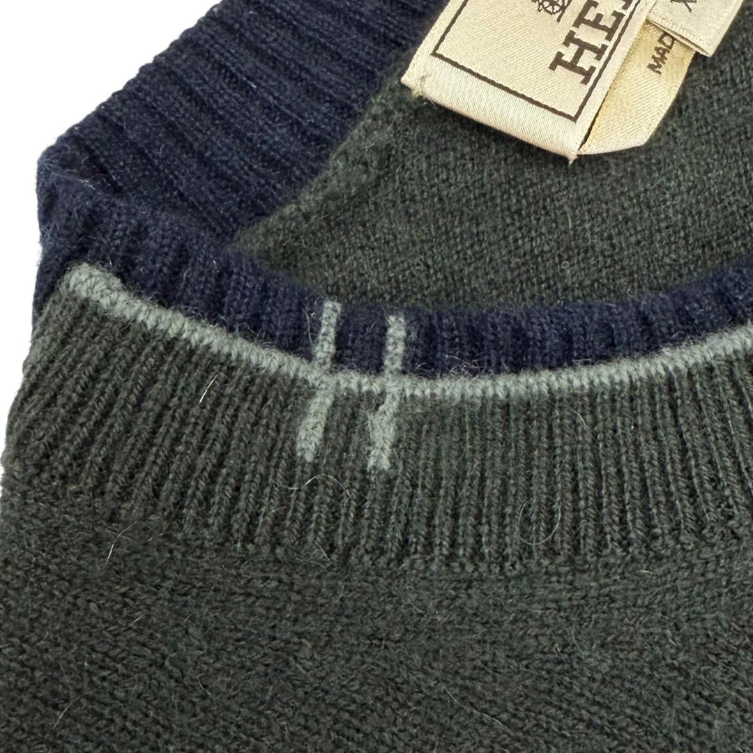 美品☆HERMES エルメス 22AW カシミヤ100％ Hロゴ刺繍 クルーネック 長袖 ニット セーター カーキ ネイビー XS イタリア製 正規品 メンズ