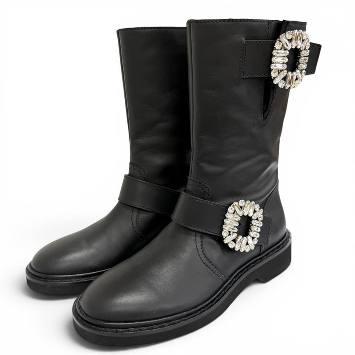 極美品△ROGER VIVIER ロジェヴィヴィエ クリスタルバックル レザー バイカーブーツ アンクルブーツ ショートブーツ ブラック 36.5 伊製