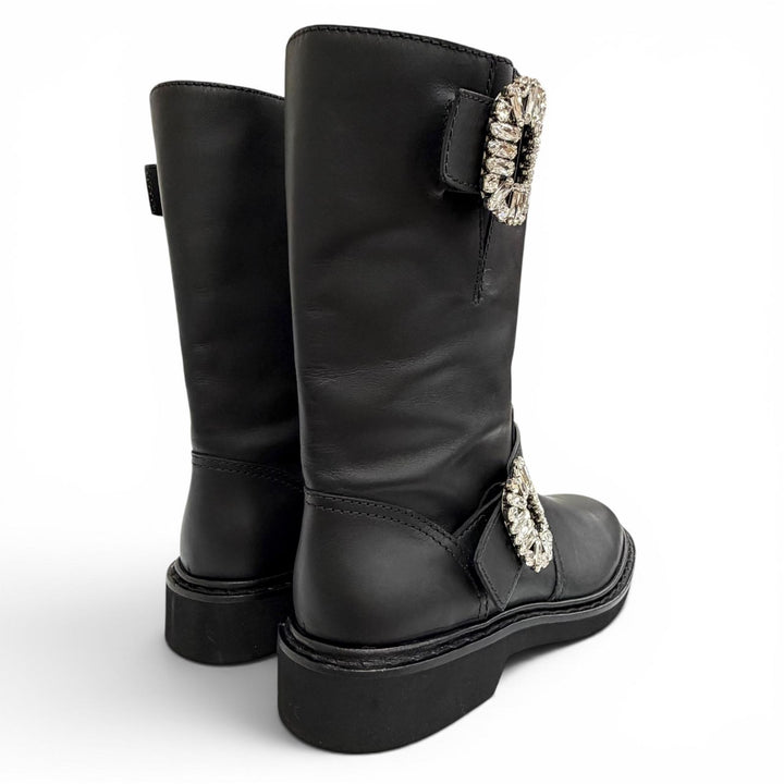 極美品△ROGER VIVIER ロジェヴィヴィエ クリスタルバックル レザー バイカーブーツ アンクルブーツ ショートブーツ ブラック 36.5 伊製