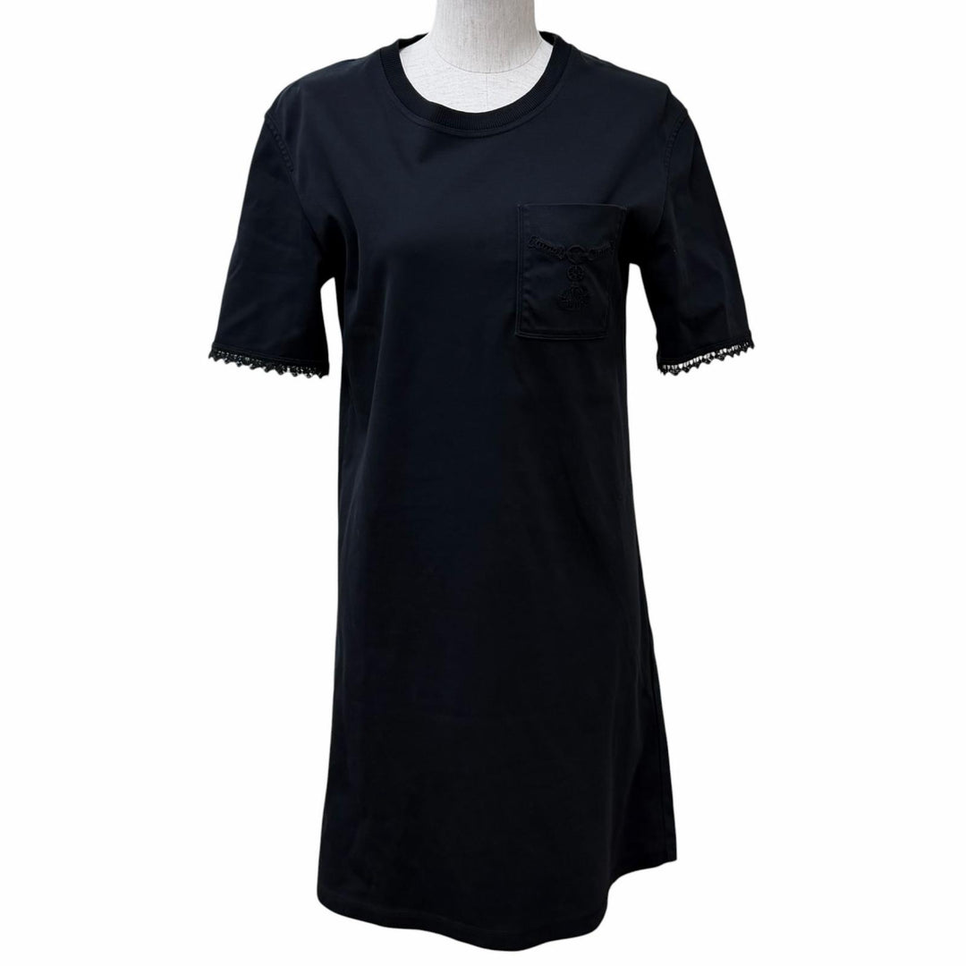 美品★HERMES エルメス 5H4505DC コットン100％ PALEFROI 袖口レース使い 半袖 Tシャツ ワンピース ブラック 34 イタリア製 レディース