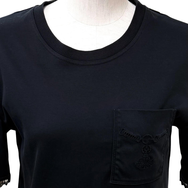 美品★HERMES エルメス 5H4505DC コットン100％ PALEFROI 袖口レース使い 半袖 Tシャツ ワンピース ブラック 34 イタリア製 レディース