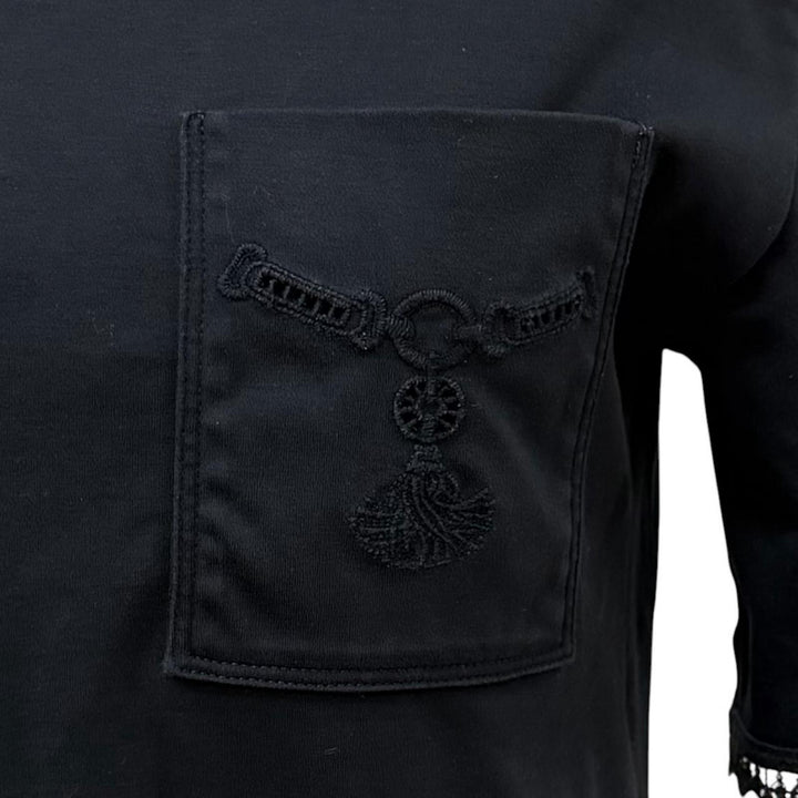 美品★HERMES エルメス 5H4505DC コットン100％ PALEFROI 袖口レース使い 半袖 Tシャツ ワンピース ブラック 34 イタリア製 レディース