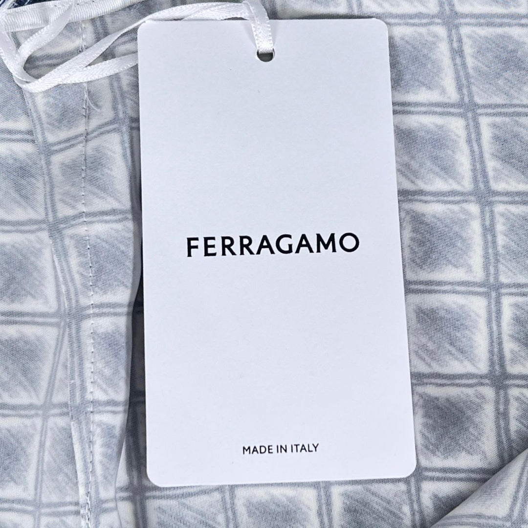 未使用品▲FERRAGAMO フェラガモ 総柄 プリーツ アシンメトリー ロングスカート ネイビー ホワイト 38 イタリア製 正規品 レディース