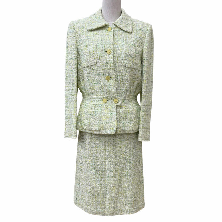 極美品★LEONARD FASHION レオナール ファッション ロゴボタン付 ツイード ジャケット＋スカート セットアップ JK:38 SK:64-91 正規品