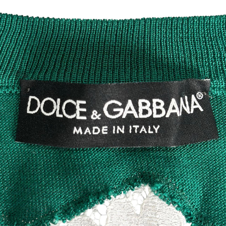 極美品▲DOLCE&amp;GABBANA ドルチェ＆ガッバーナ シルク混 ロゴボタン レース使い アンサンブル グリーン ホワイト 42 正規品 レディース