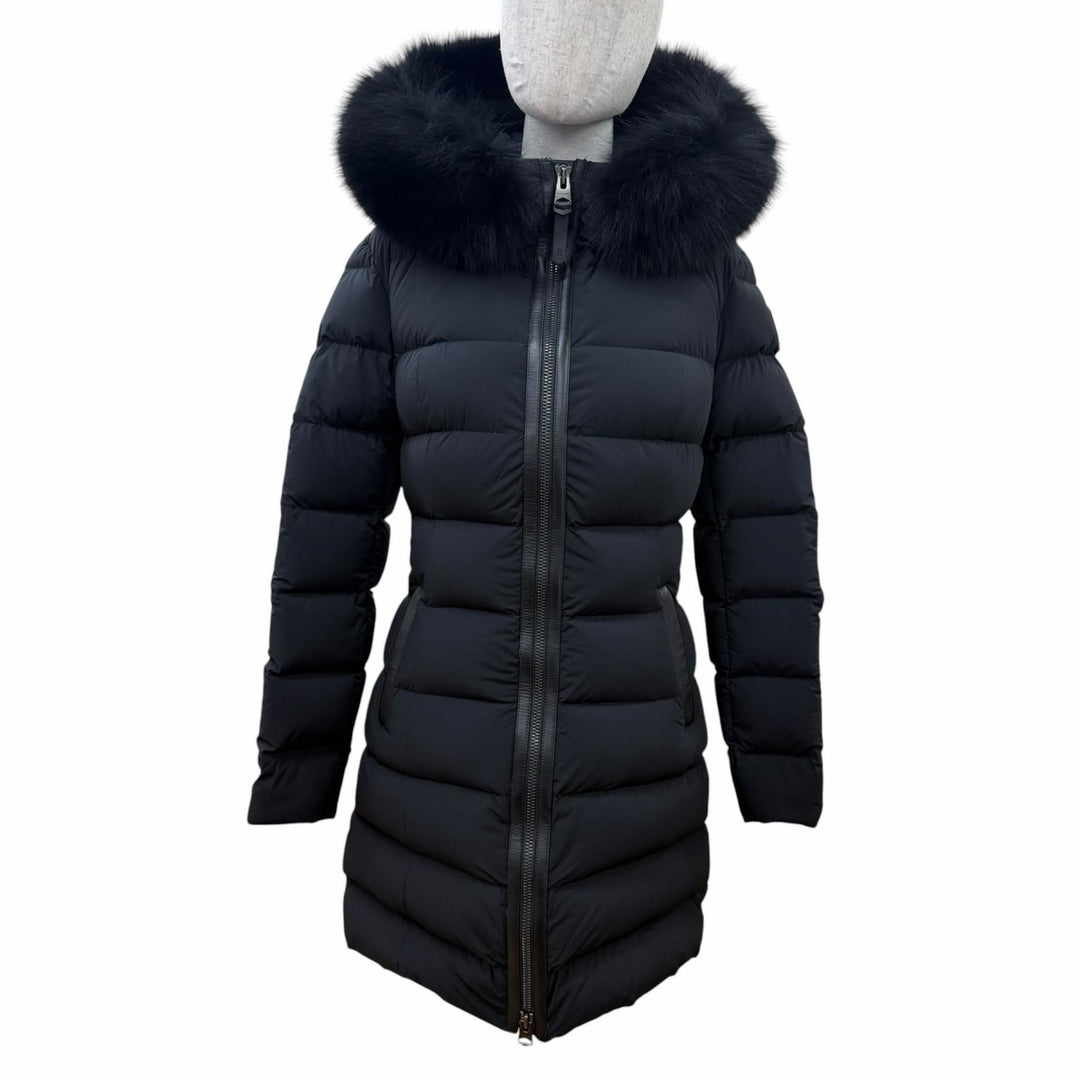美品☆MACKAGE マッカージュ CALLA-BX ブルーフォックスファー・フード付 レザー使い ZIP UP ダウンコート ブラック S レディース