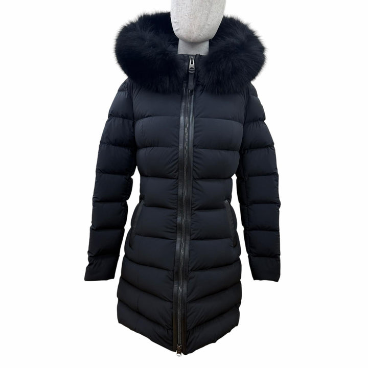 美品☆MACKAGE マッカージュ CALLA-BX ブルーフォックスファー・フード付 レザー使い ZIP UP ダウンコート ブラック S レディース