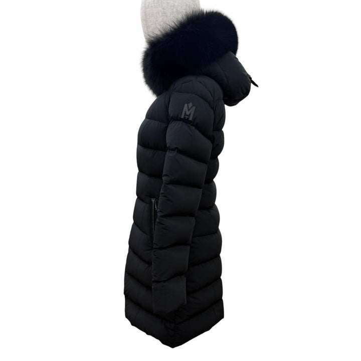 美品☆MACKAGE マッカージュ CALLA-BX ブルーフォックスファー・フード付 レザー使い ZIP UP ダウンコート ブラック S レディース