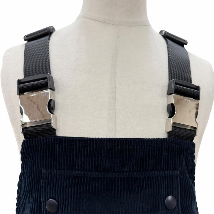 極美品▼PRADA プラダ コーデュロイ トライアングルロゴ 三角プレート ショルダーストラップ サロペット オーバーオール 紺 48 正規品