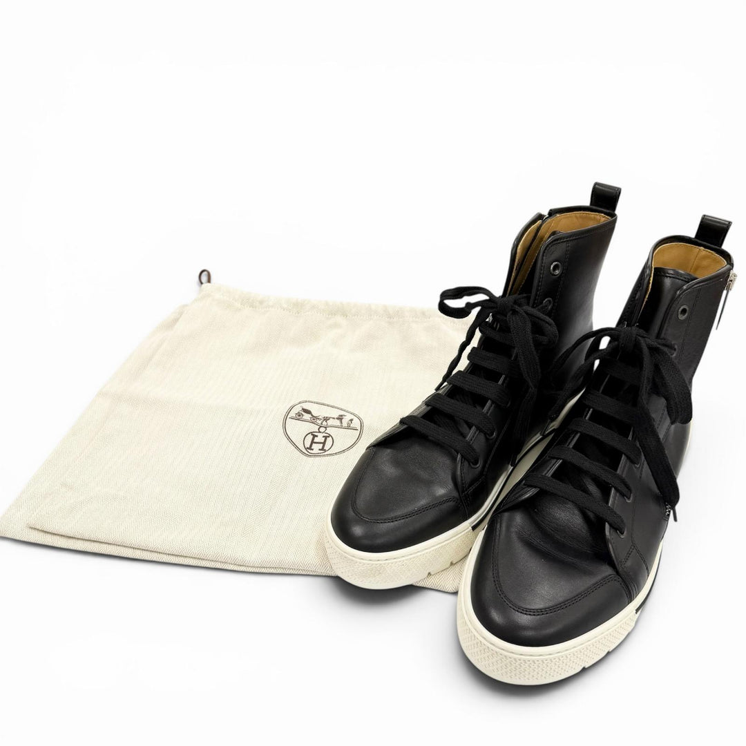 極美品▼HERMES エルメス 182355ZH レザー Hロゴ入り サイドジップ レースアップ ハイカットスニーカー ブラック 41.5 メンズ 保存袋付き