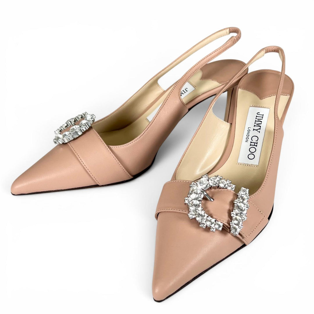 未使用品▲JIMMY CHOO ジミーチュウ J000162515365 CHERI SB 65 クリスタルバックル レザーパンプス 36.5 伊製 レディース 箱・保存袋付き