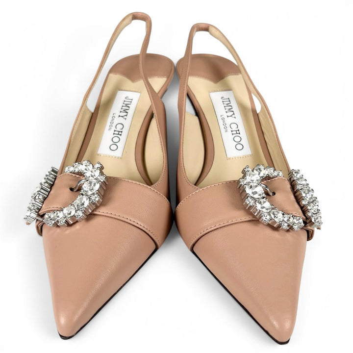 未使用品▲JIMMY CHOO ジミーチュウ J000162515365 CHERI SB 65 クリスタルバックル レザーパンプス 36.5 伊製 レディース 箱・保存袋付き