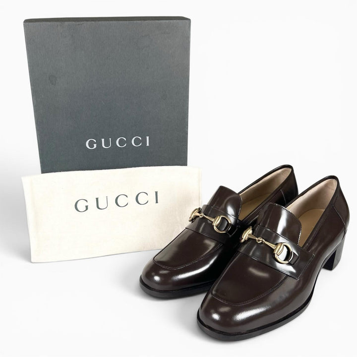 未使用品▲GUCCI グッチ ヴィンテージ 100 0356 デッドストック ホースビット レザーパンプス ダークブラウン ゴールド金具 39 レディース
