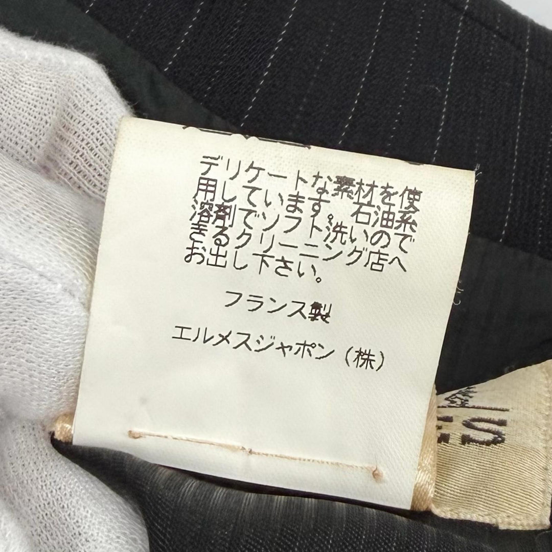 美品★HERMES エルメス ヴィンテージ Hロゴボタン ストライプ柄 シングル テーラードジャケット ブラック 44 仏製 正規品 レディース
