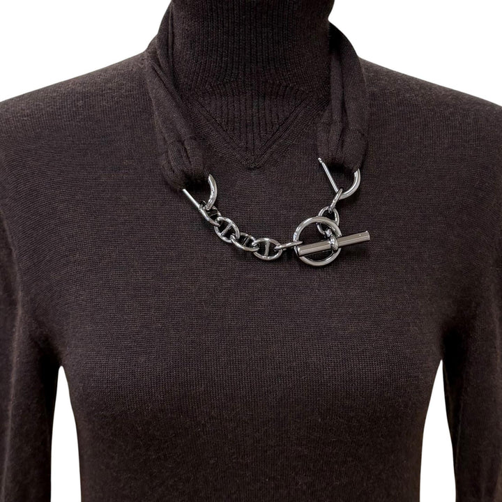 美品★HERMES エルメス カシミヤ シルク混 シェーヌダンクルチェーン付 Aライン ニット ロングワンピース ドレス ブラウン 38 イタリア製