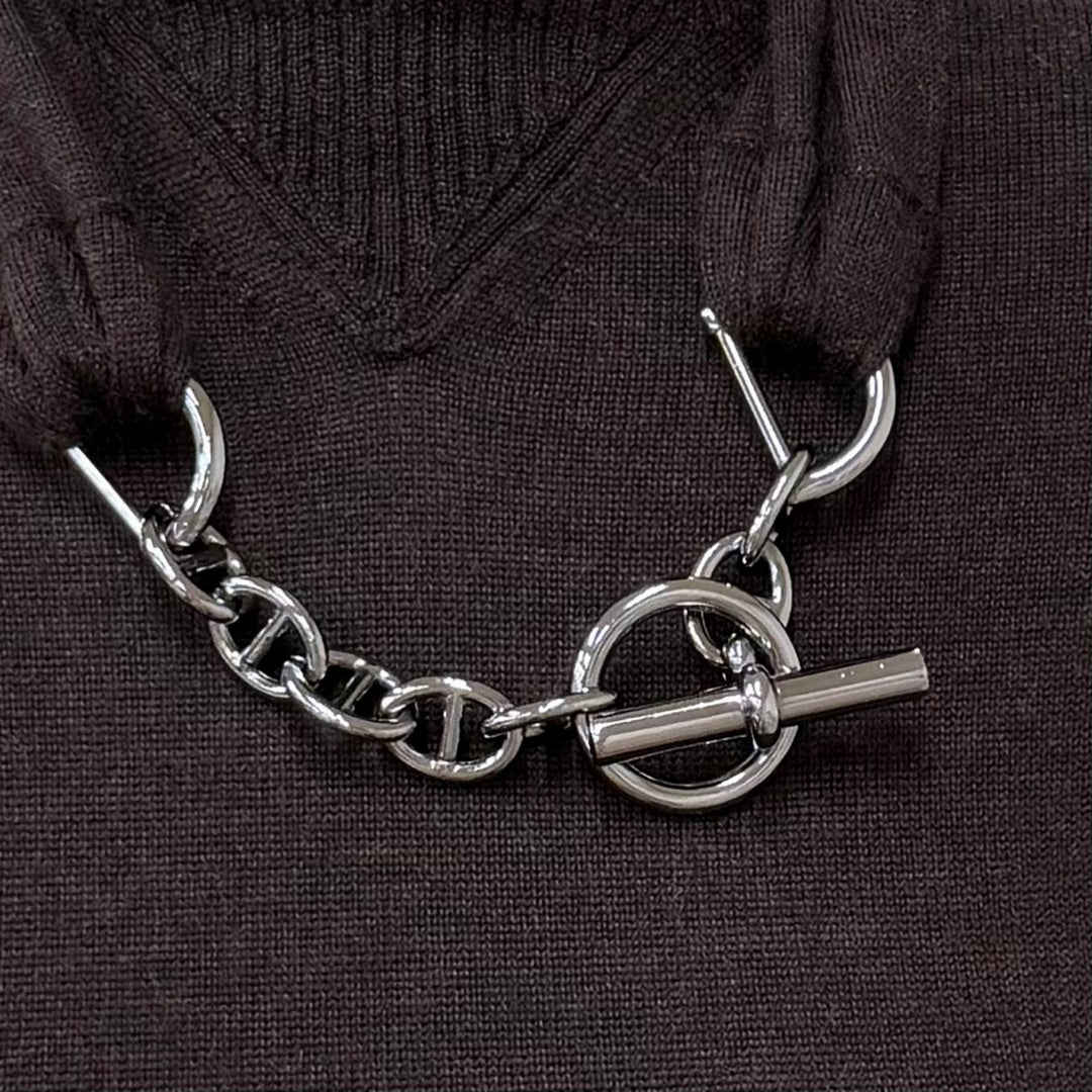 美品★HERMES エルメス カシミヤ シルク混 シェーヌダンクルチェーン付 Aライン ニット ロングワンピース ドレス ブラウン 38 イタリア製