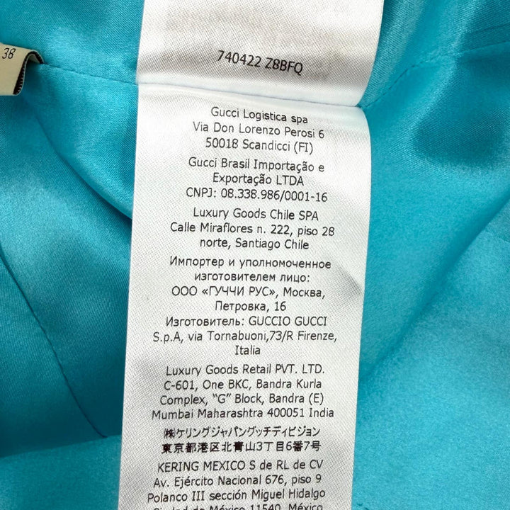 極美品★GUCCI グッチ 740422 シルク混 ベルト付 リップ 総ロゴデザイン ダブルブレストジャケット ブルー 38 イタリア製 正規品