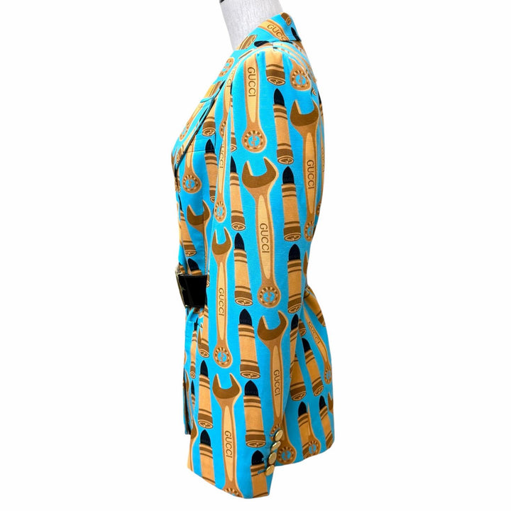 極美品★GUCCI グッチ 740422 シルク混 ベルト付 リップ 総ロゴデザイン ダブルブレストジャケット ブルー 38 イタリア製 正規品